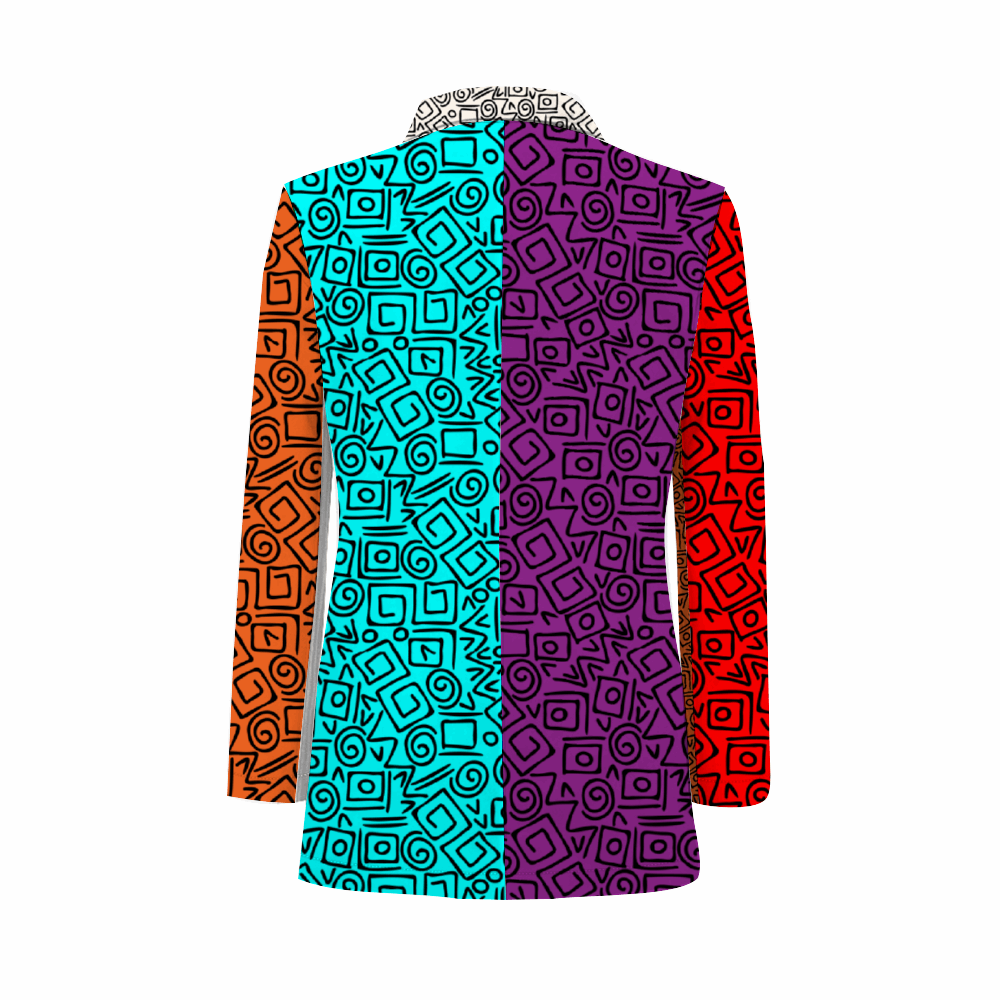 Rogue & Co. Men's Casual Blazer- Abstract Fugly featuring vibrant geometric patterns in orange, teal, purple, and red stripes. White collar with matching abstract design. Stylish and eye-catching sportscoat for versatile casual to business casual wear.