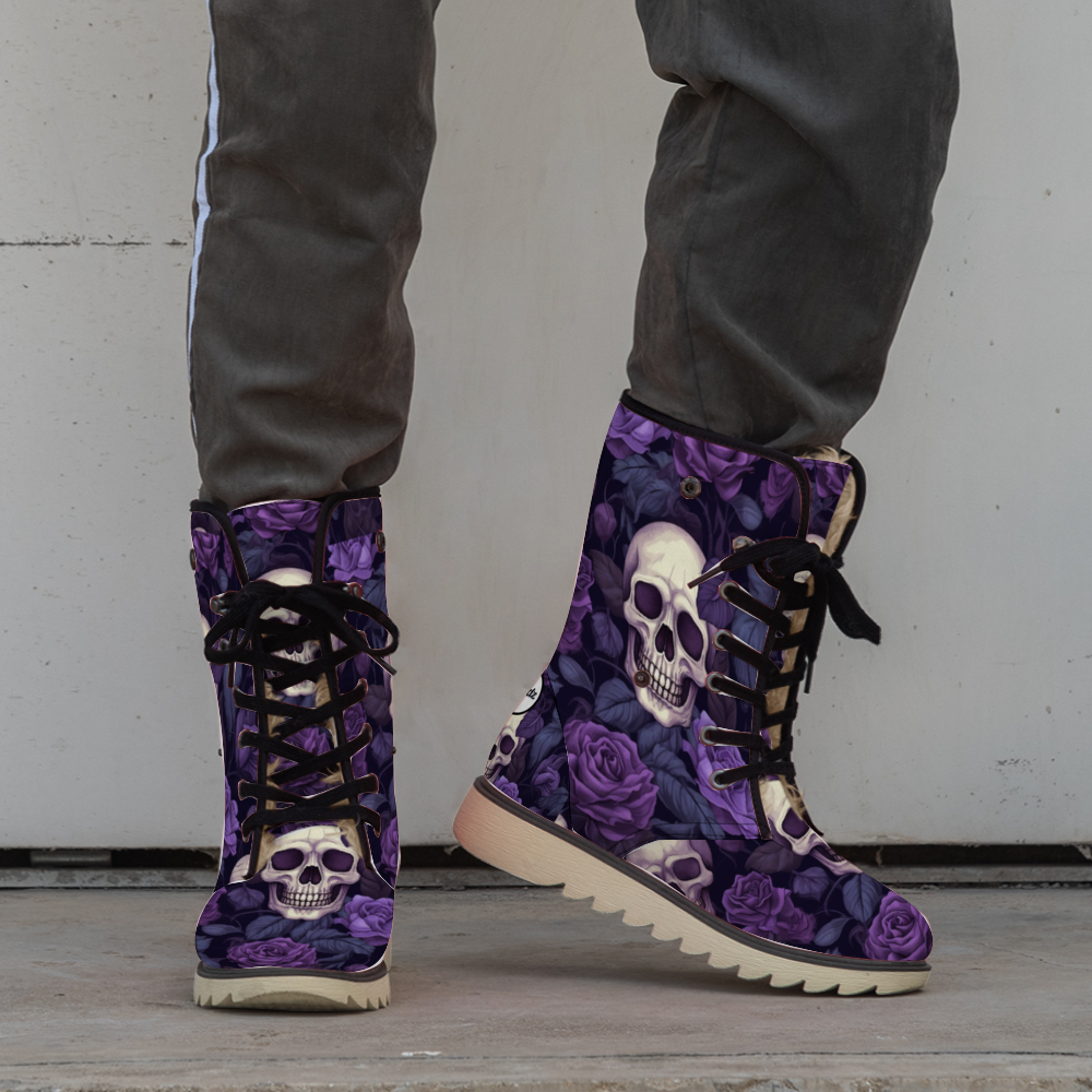 "Enchanting Treadz Winter Boots - Gothic Garden by ShitHot feature skulls and purple flowers for a gothic winter statement."