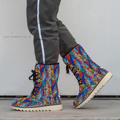 "Shop ShitHot Treadz Winter Boots - Wild Cheetah with bold neon print, luxurious velvet, and cozy fur lining."