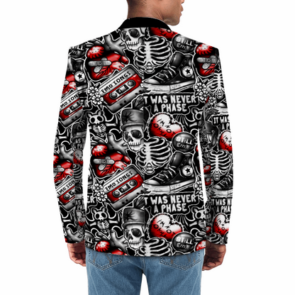 Rogue & Co. Men's Casual Blazer- Emo Vibes featuring edgy black, white, and red skeleton print with cassette tapes and punk-inspired graphics, worn by model showcasing the blazer's stylish fit and unique design