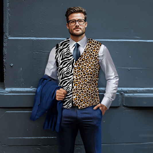 Rogue & Co Mismatch Woven Fabric Vest - Safari featuring split design with zebra and leopard print patterns, styled with white dress shirt, navy tie and suit pants against grey wall background