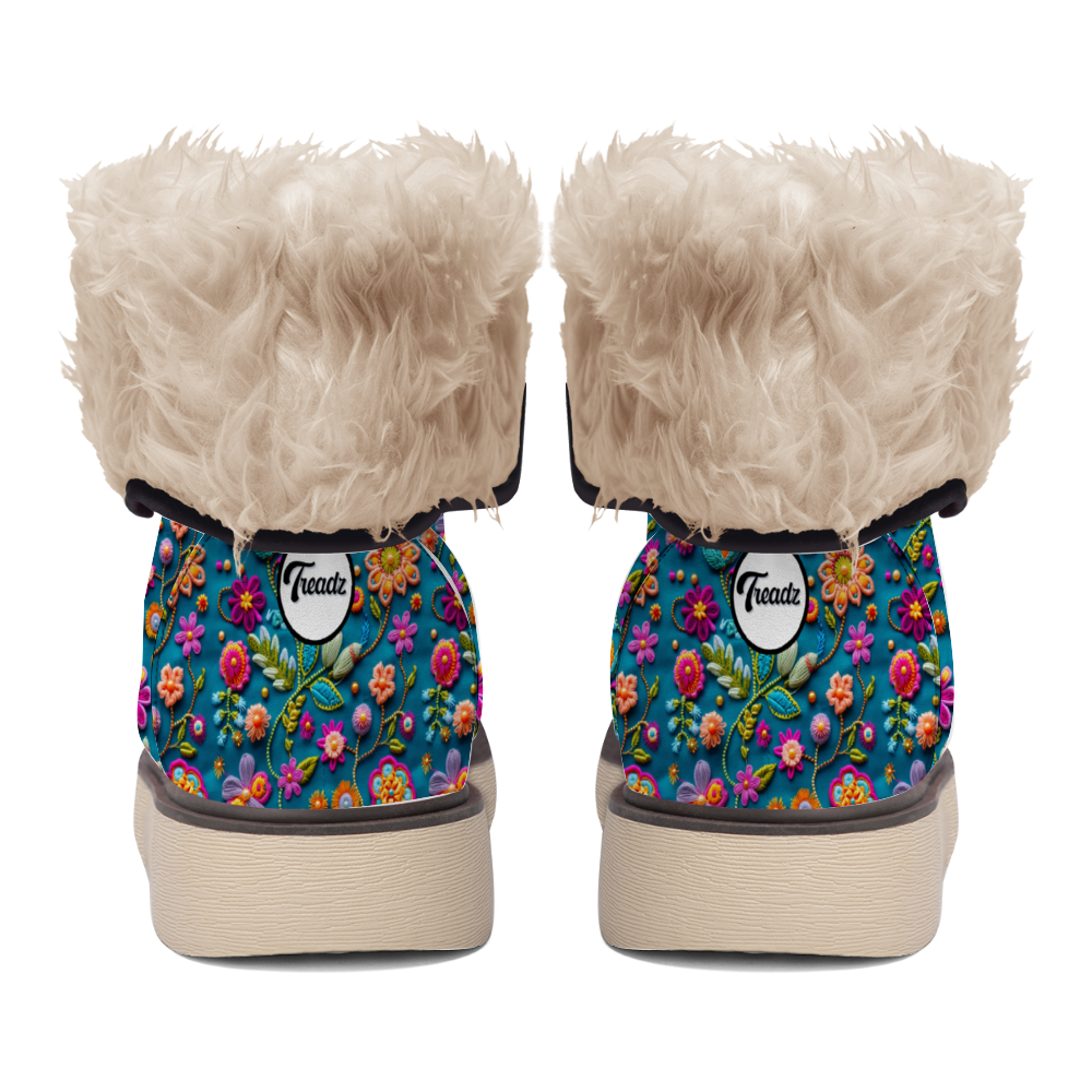 "Stylish Treadz Winter Boots - Petal Pop by ShitHot feature vibrant flower prints and luxurious velvet, perfect for winter."