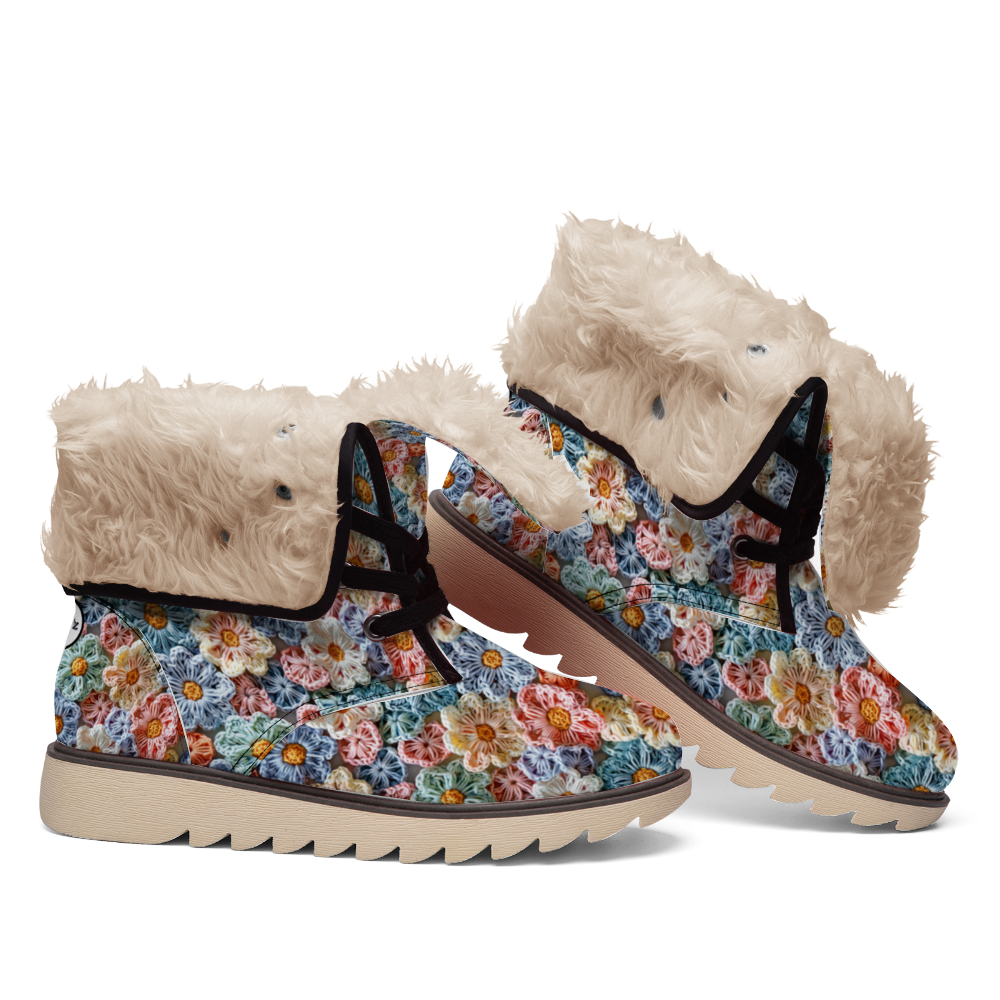 "ShitHot Treadz Winter Unisex Boots - The Posy with crochet flower design, mercerized velvet, and cozy fur lining."