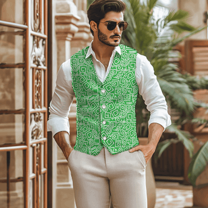 Stylish man in Rogue & Co Woven Fabric Vest – Abstract Green, showcasing a bold geometric pattern against a tropical backdrop.