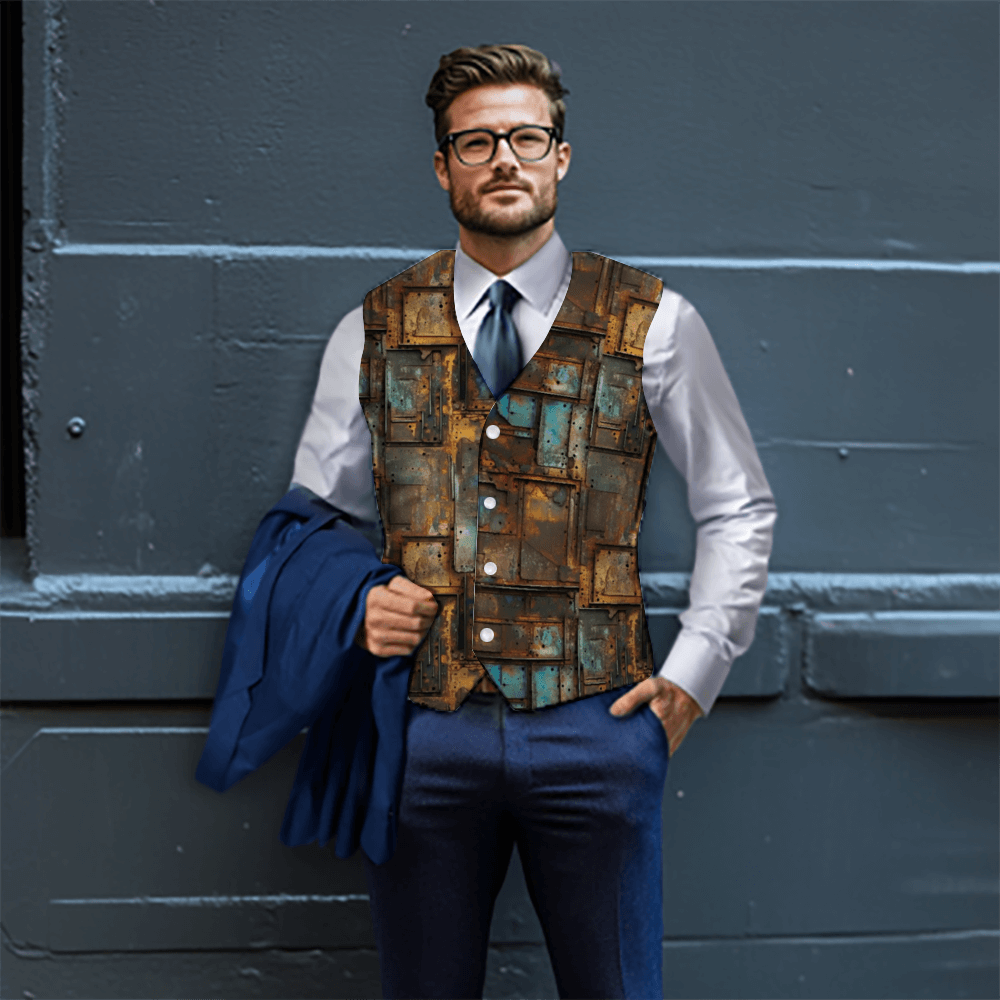 Rogue & Co Woven Fabric Vest - Full Metal styled on a model, showcasing unique oxidized metal pattern. Vest paired with white shirt, blue tie, and navy pants, demonstrating versatile smart-casual look. Perfect for making a stylish statement in warm weather.