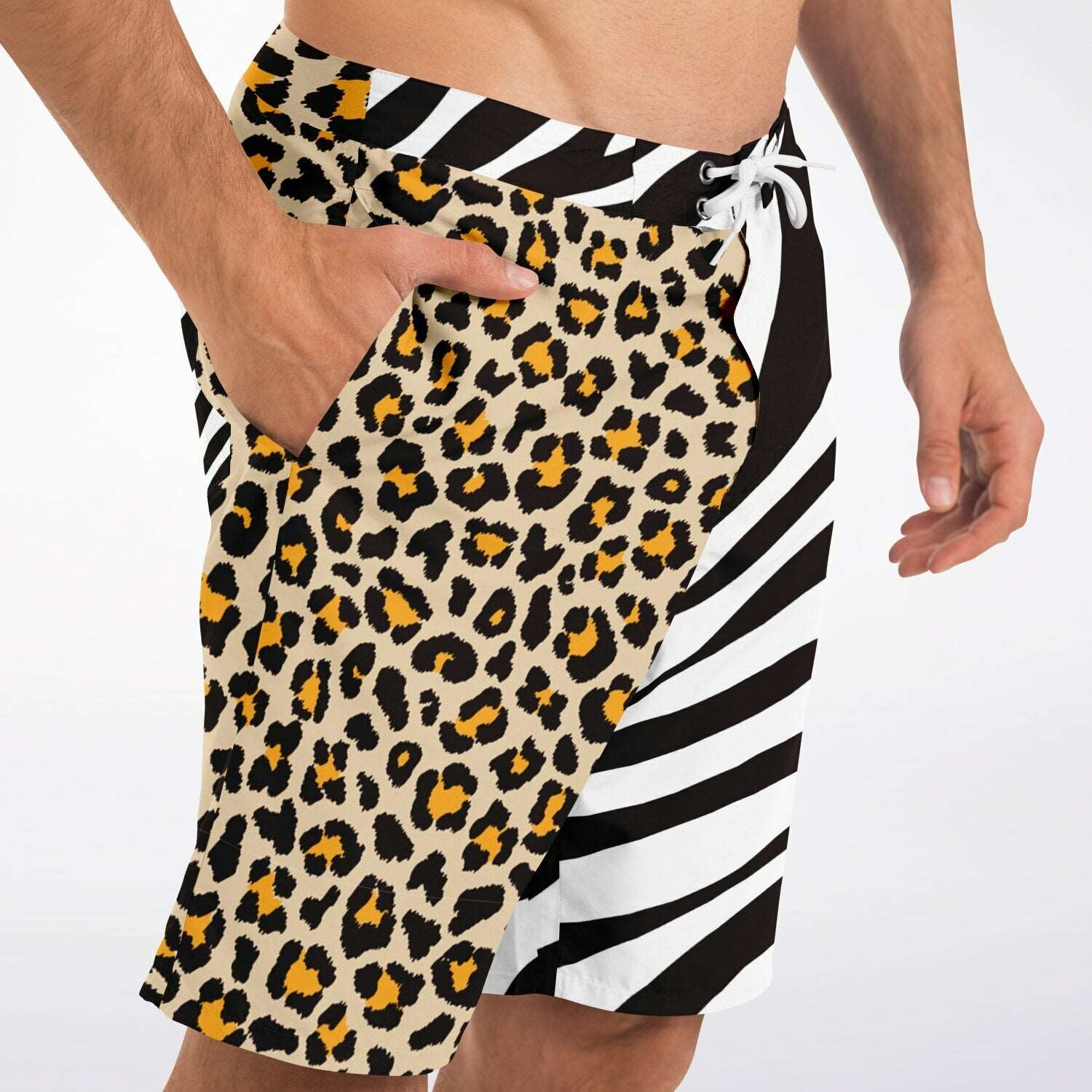 Rip Tide Men's Mismatch Board Shorts - Safari featuring unique split design with leopard print and zebra pattern, mesh-lined pockets, adjustable drawstring waist, and quick-dry polyester material for beach and pool wear.