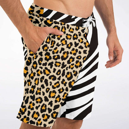 Rip Tide Men's Mismatch Board Shorts - Safari featuring unique split design with leopard print and zebra pattern, mesh-lined pockets, adjustable drawstring waist, and quick-dry polyester material for beach and pool wear.