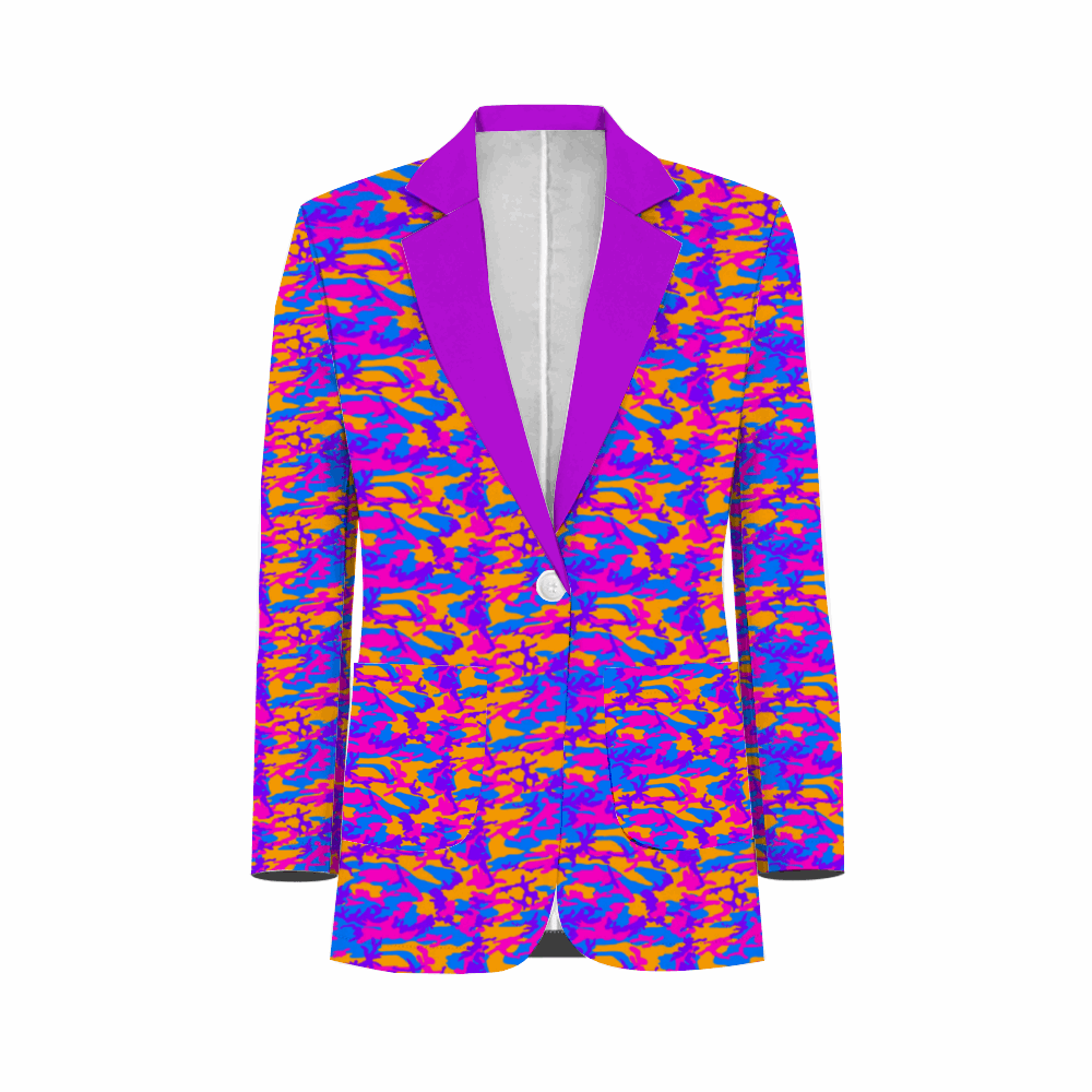 Rogue & Co. Men's Casual Blazer- Storm Camo featuring vibrant purple, blue, and orange swirled camouflage pattern. Single-button front, notched lapels, and tailored fit create a bold, eye-catching statement piece for casual or festive occasions.