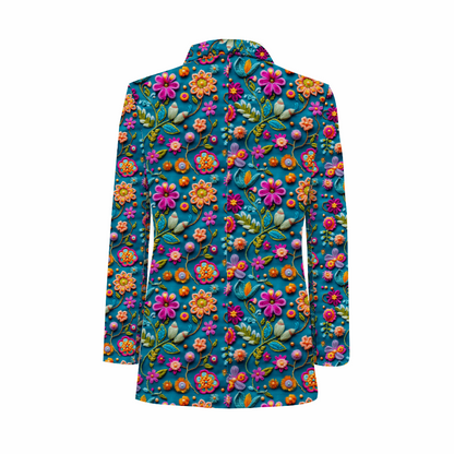 Rogue & Co. Men's Casual Blazer- Petal Pop featuring vibrant floral print on teal background. Colorful blooms in pink, orange, and yellow with green leaves create a lively, eye-catching pattern perfect for stylish casual wear.