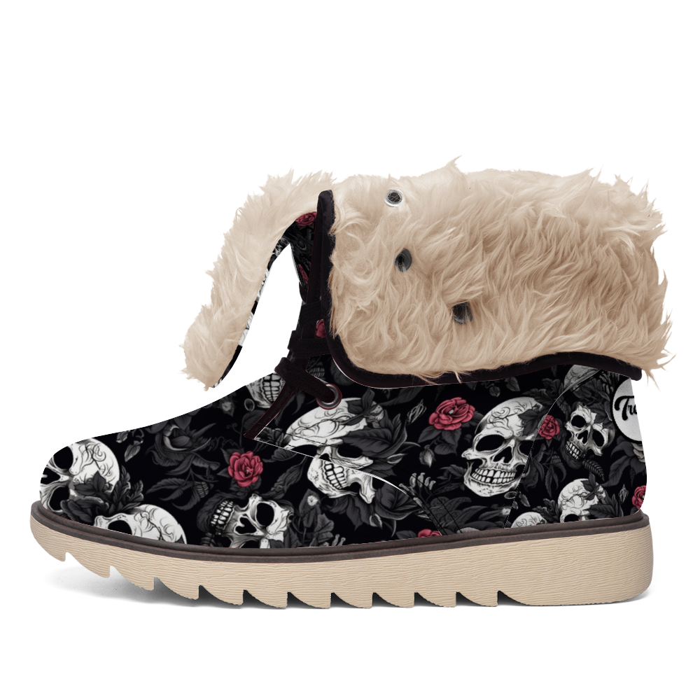 "Bold Treadz Winter Boots - Skull Rebel by ShitHot showcase striking skull and rose designs, ideal for edgy winter style."