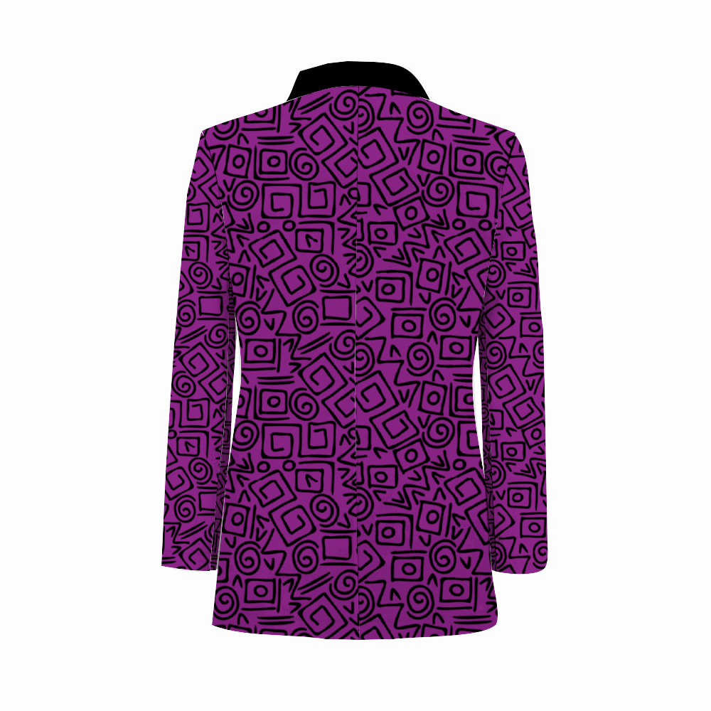 Rogue & Co. Men's Casual Blazer- Abstract Purple featuring vibrant geometric pattern in purple and black. Stylish sportscoat with modern design, perfect for fashion-forward individuals seeking a bold statement piece for various occasions.