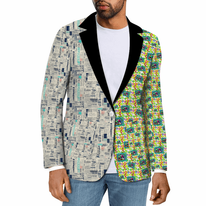 Rogue & Co. Men's Mismatch Casual Blazer with split design featuring vintage newsprint on one side and colorful test pattern on the other, complemented by black lapels and white t-shirt underneath, shown against white background