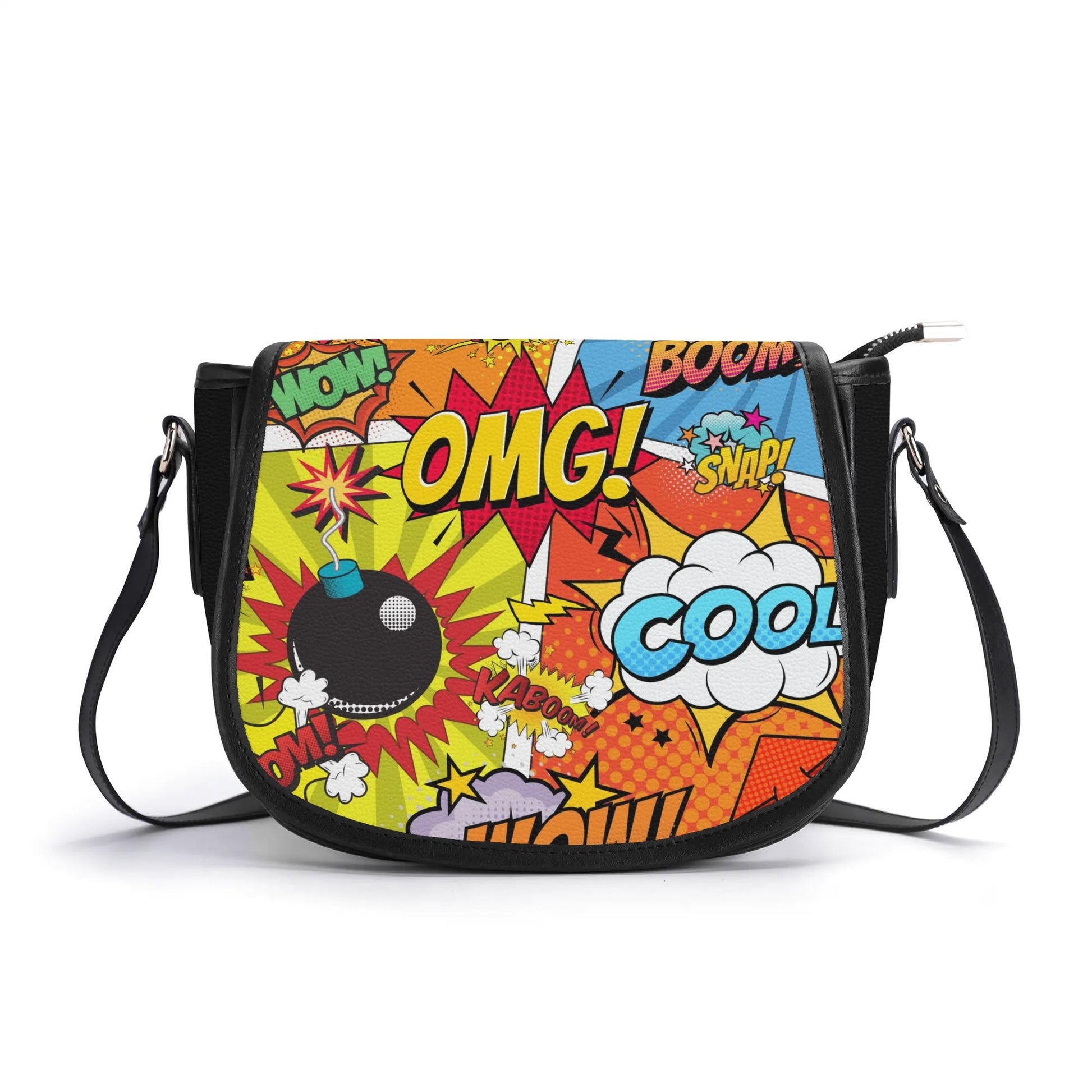 "The Comic saddle handbag with vibrant comic-style print, secure closure, and ample storage space for items."