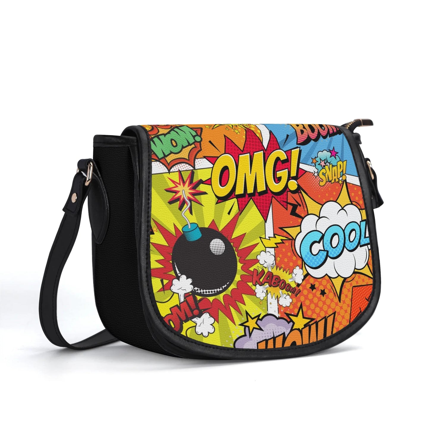 "The Comic saddle handbag with vibrant comic-style print, secure closure, and ample storage space for items."