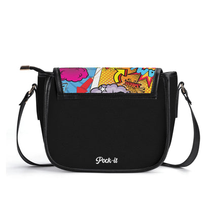 "The Comic saddle handbag with vibrant comic-style print, secure closure, and ample storage space for items."