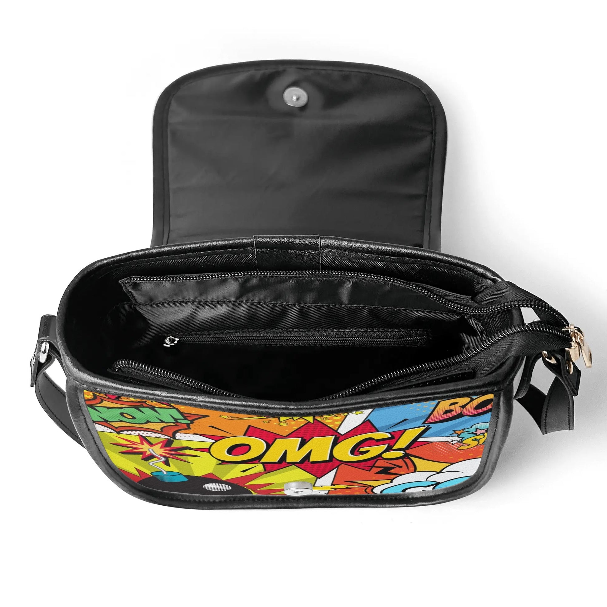 "The Comic saddle handbag with vibrant comic-style print, secure closure, and ample storage space for items."