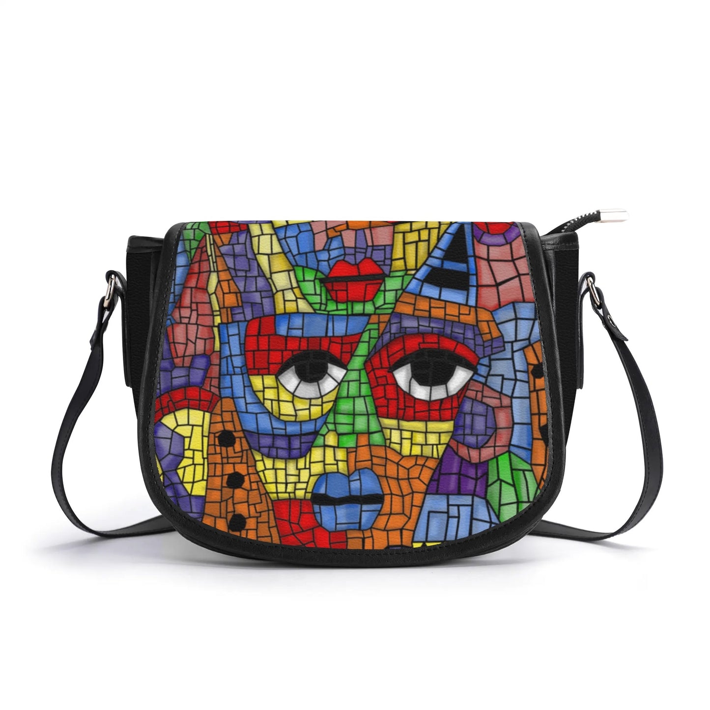 "The Picasso handbag featuring a vibrant mosaic design, secure closure, and spacious interior for essentials."