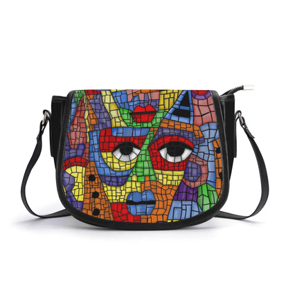 "The Picasso handbag featuring a vibrant mosaic design, secure closure, and spacious interior for essentials."