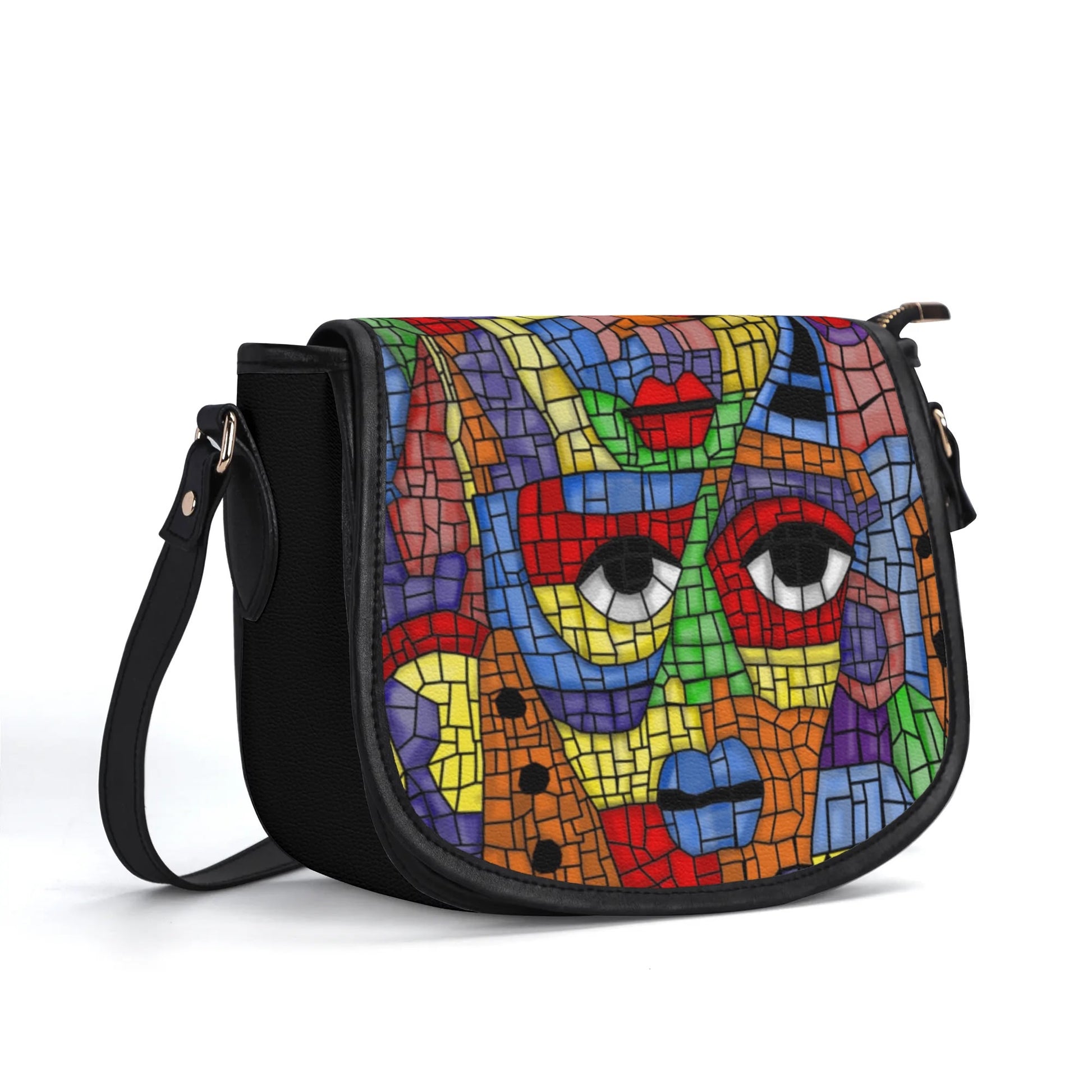 "The Picasso handbag featuring a vibrant mosaic design, secure closure, and spacious interior for essentials."