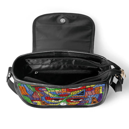 "The Picasso handbag featuring a vibrant mosaic design, secure closure, and spacious interior for essentials."