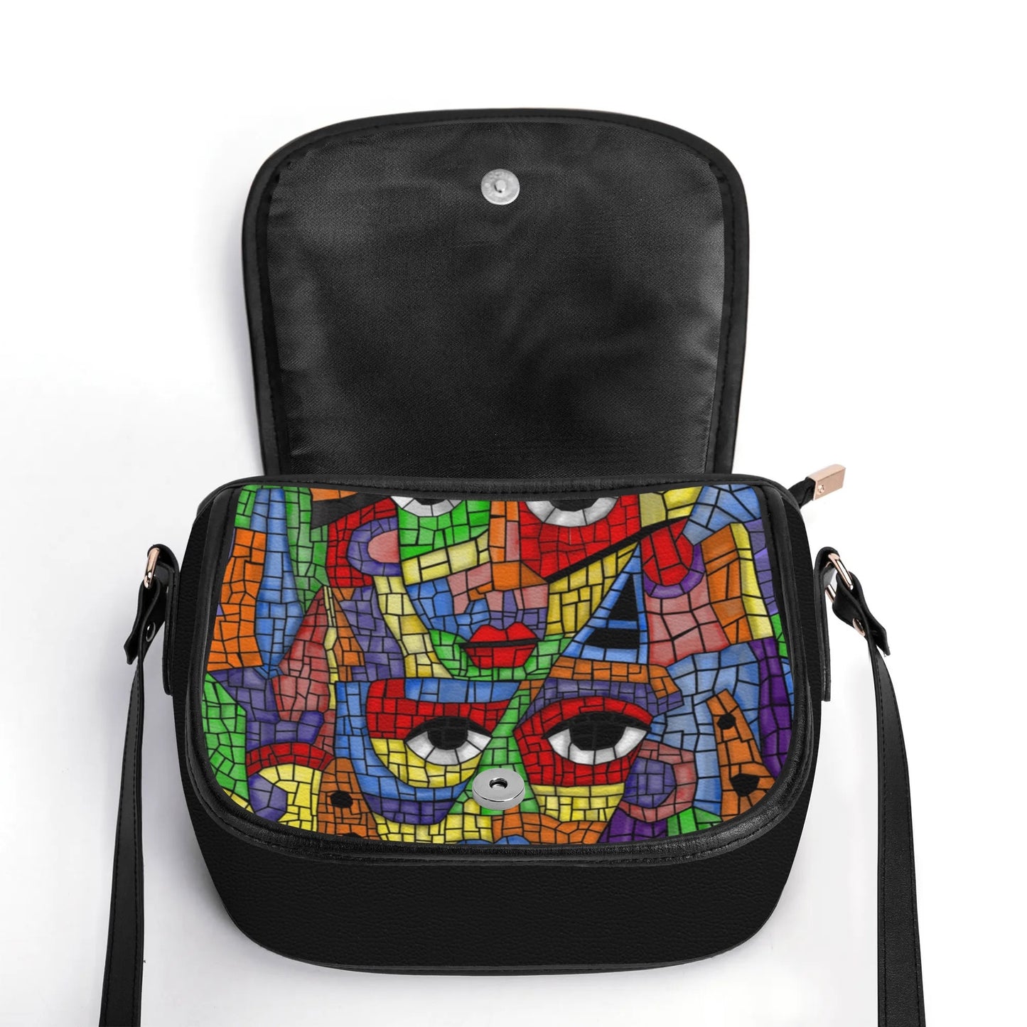 "The Picasso handbag featuring a vibrant mosaic design, secure closure, and spacious interior for essentials."