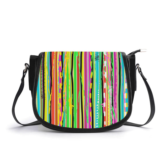 "Candy Stripe handbag with bold, colorful patterns and secure zipper closure, perfect for making a statement."