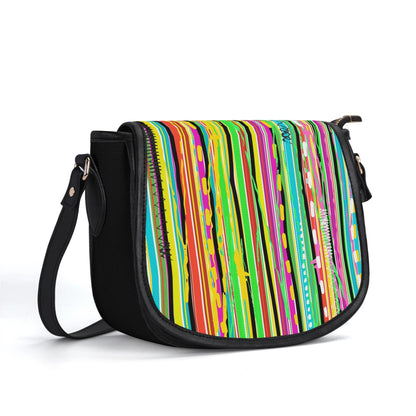 "Candy Stripe handbag with bold, colorful patterns and secure zipper closure, perfect for making a statement."