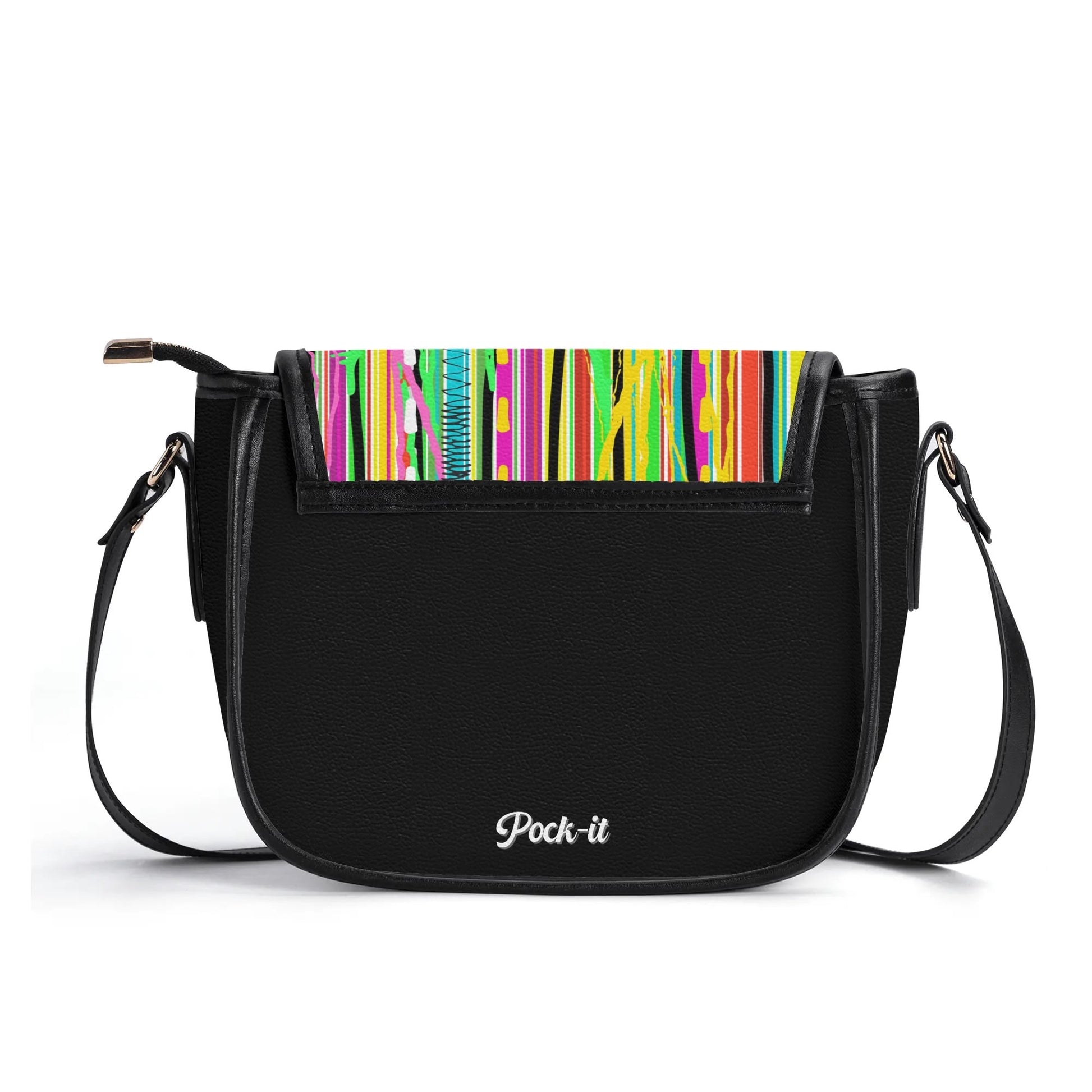 "Candy Stripe handbag with bold, colorful patterns and secure zipper closure, perfect for making a statement."