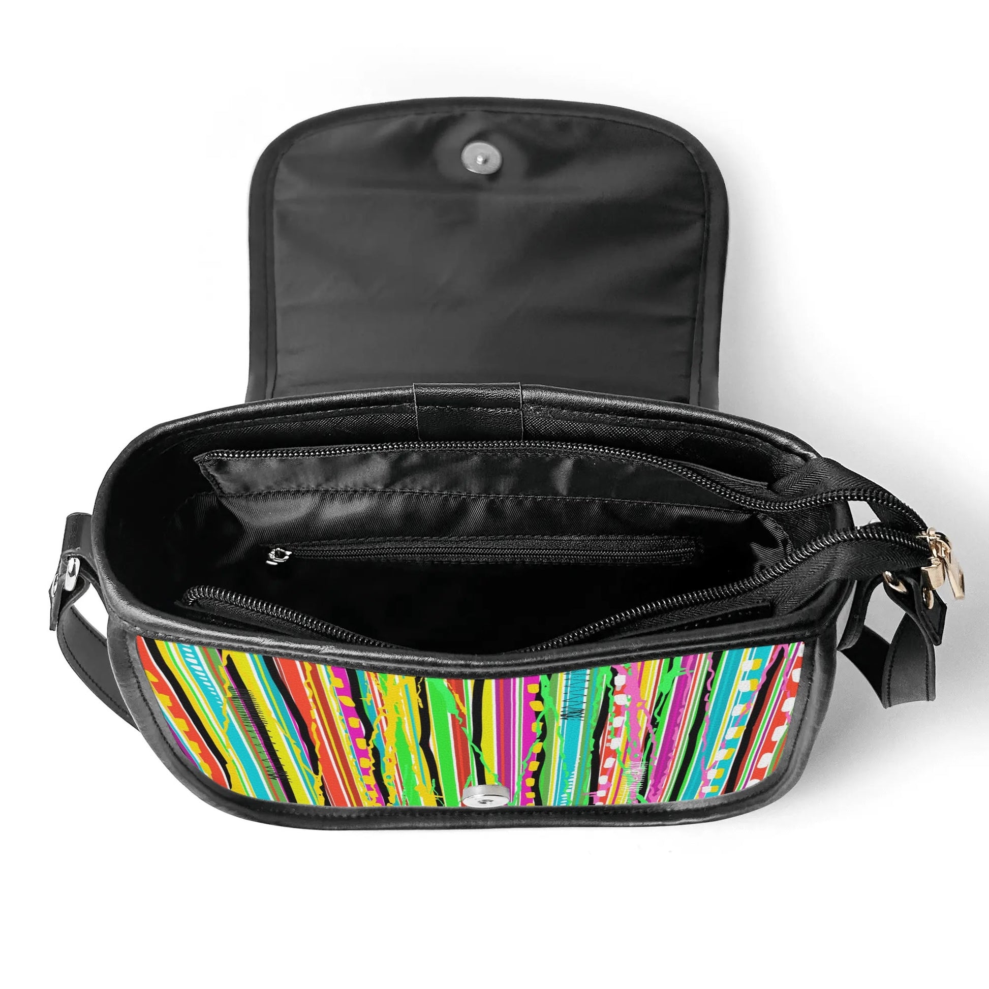 "Candy Stripe handbag with bold, colorful patterns and secure zipper closure, perfect for making a statement."