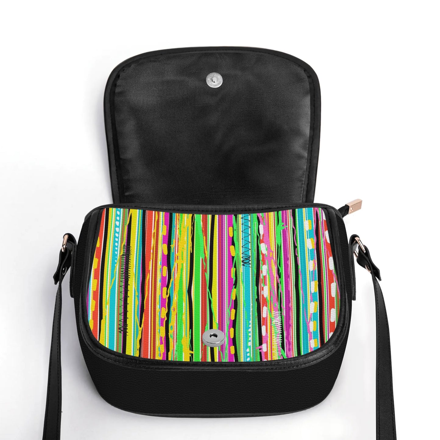 "Candy Stripe handbag with bold, colorful patterns and secure zipper closure, perfect for making a statement."