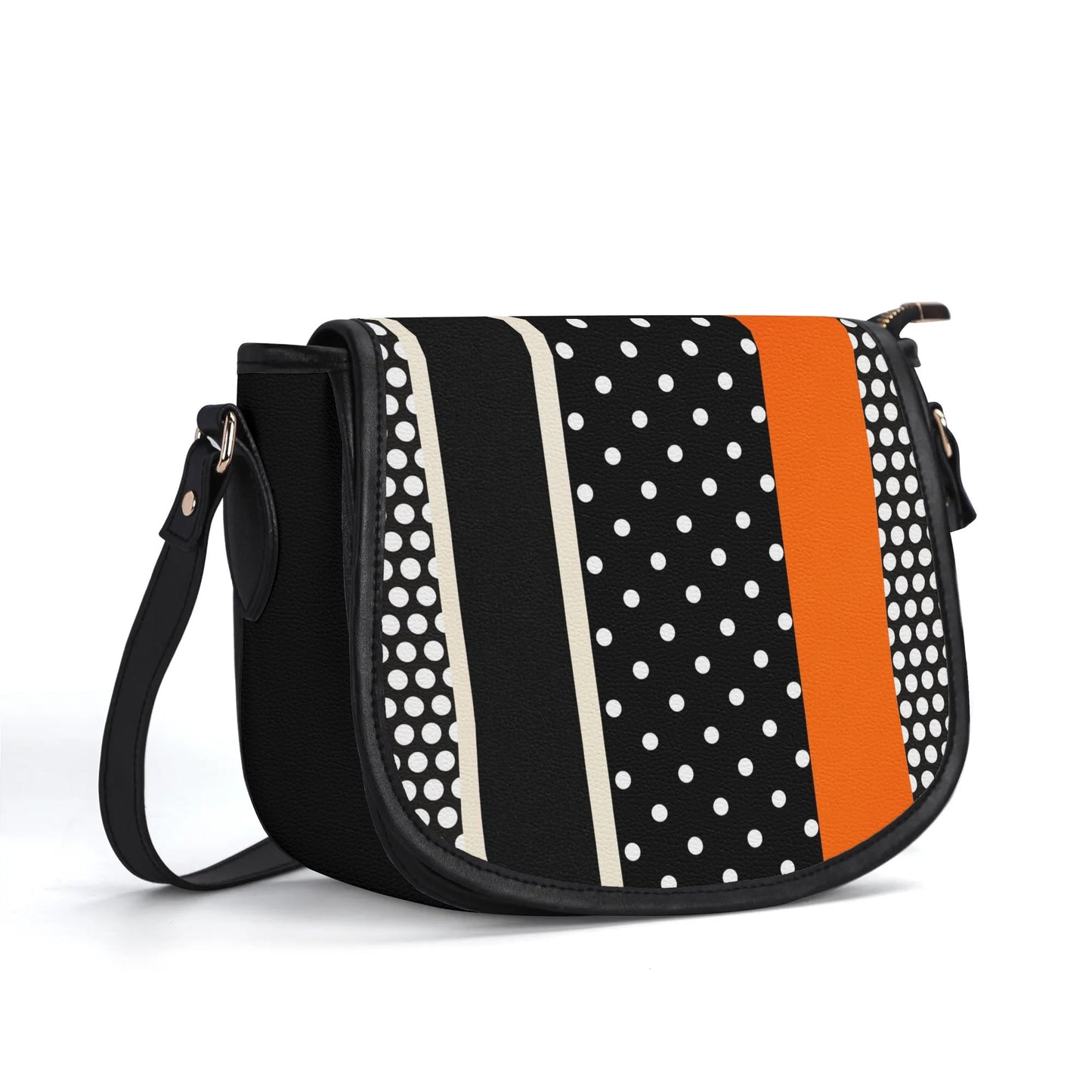 "Polkadot Sunset handbag featuring white dots and bold orange stripe, with sleek metal clasp closure."