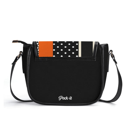 "Polkadot Sunset handbag featuring white dots and bold orange stripe, with sleek metal clasp closure."