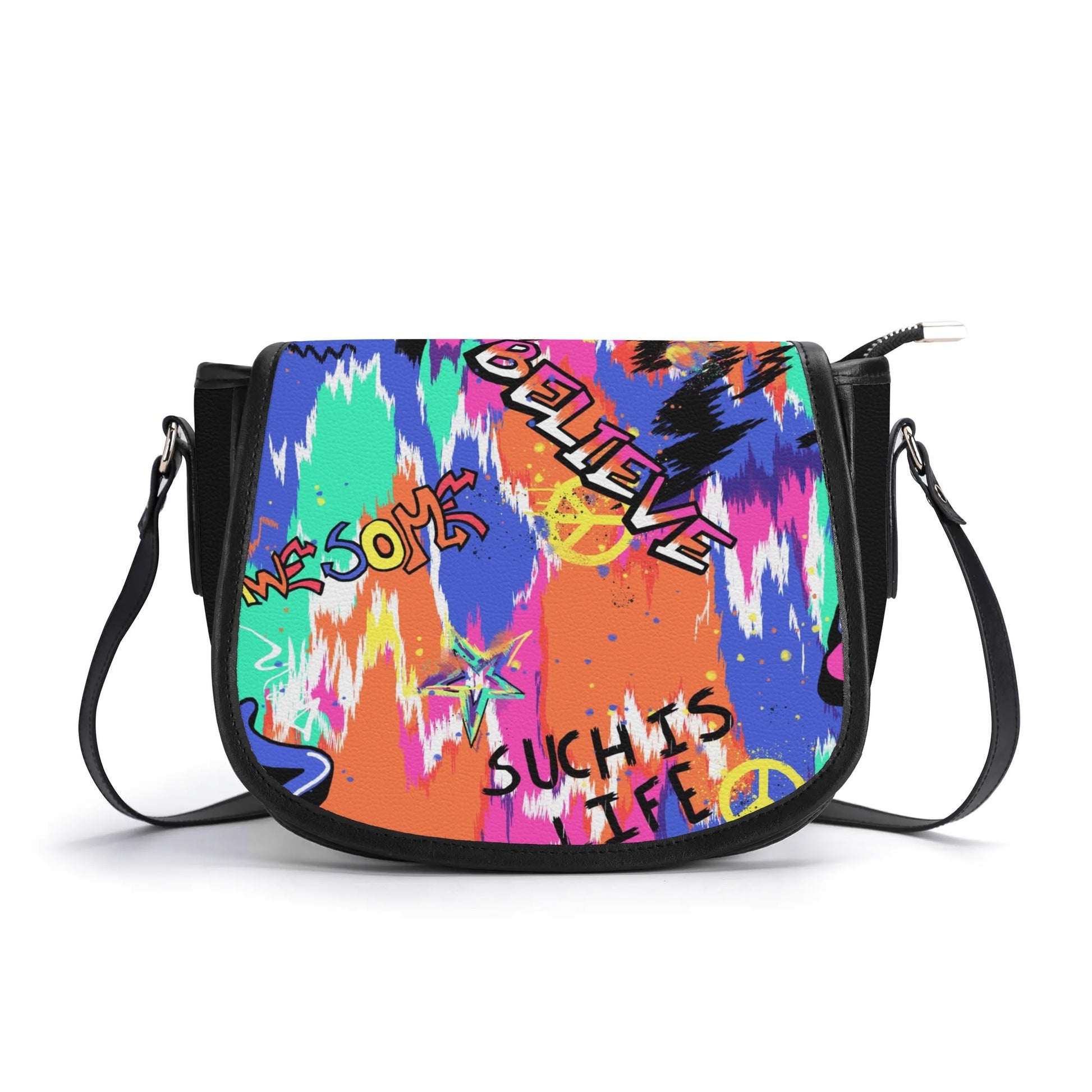 "Urban Graffiti saddle handbag with vibrant graffiti art, sleek design, and ample storage space."