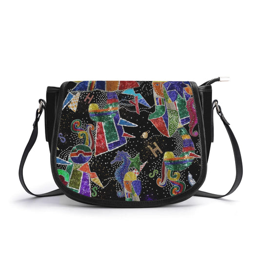 "The Jester handbag with an explosion of colors and eclectic shapes, featuring a secure zipper closure."