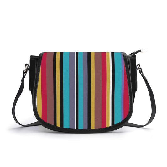 "Groovy Baby saddle handbag with vibrant stripes inspired by the 70s, secure closure, and spacious interior."