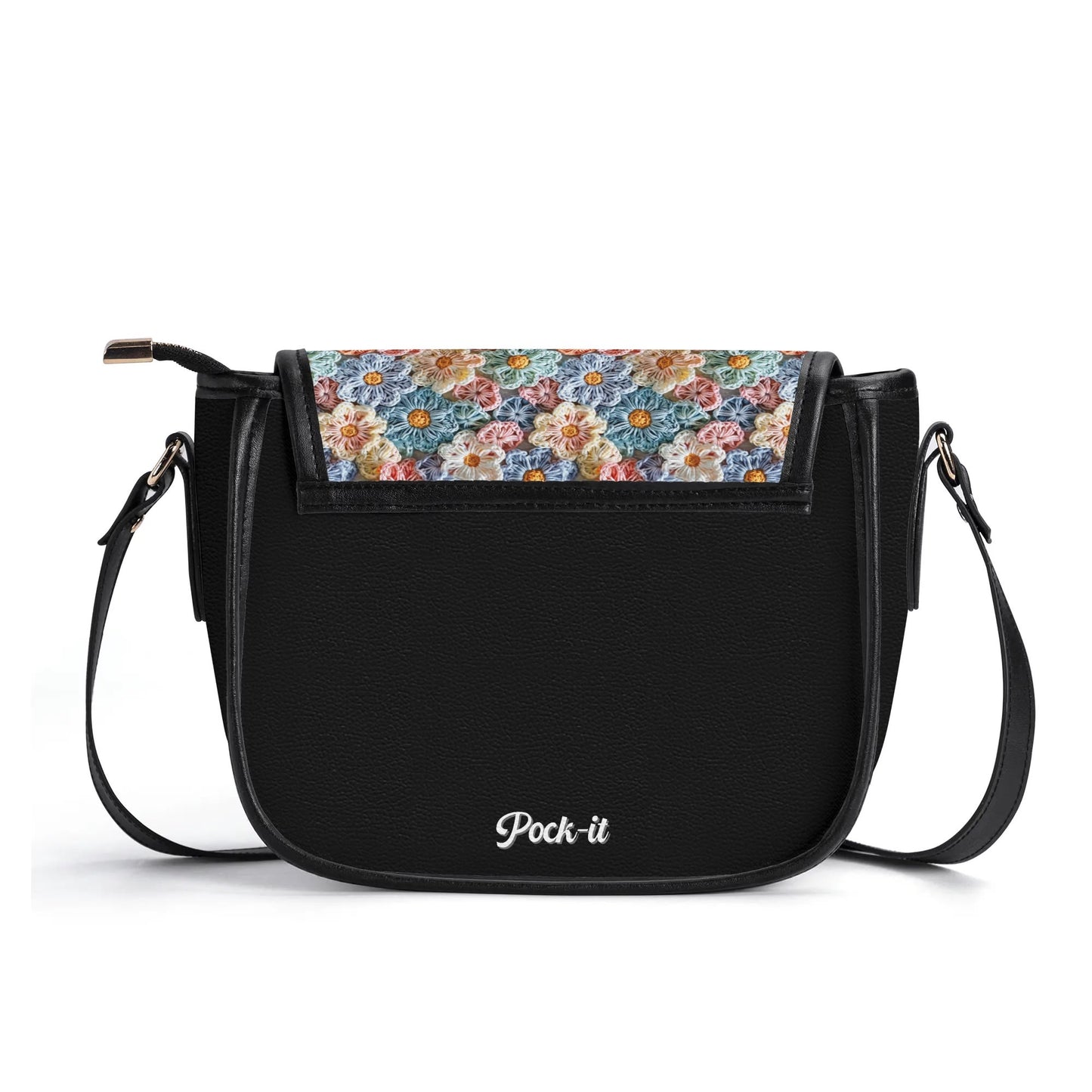 The Posy' Pock-It Saddle Handbag showcases colorful flower petals in a crochet look, with a sleek clasp and adjustable strap