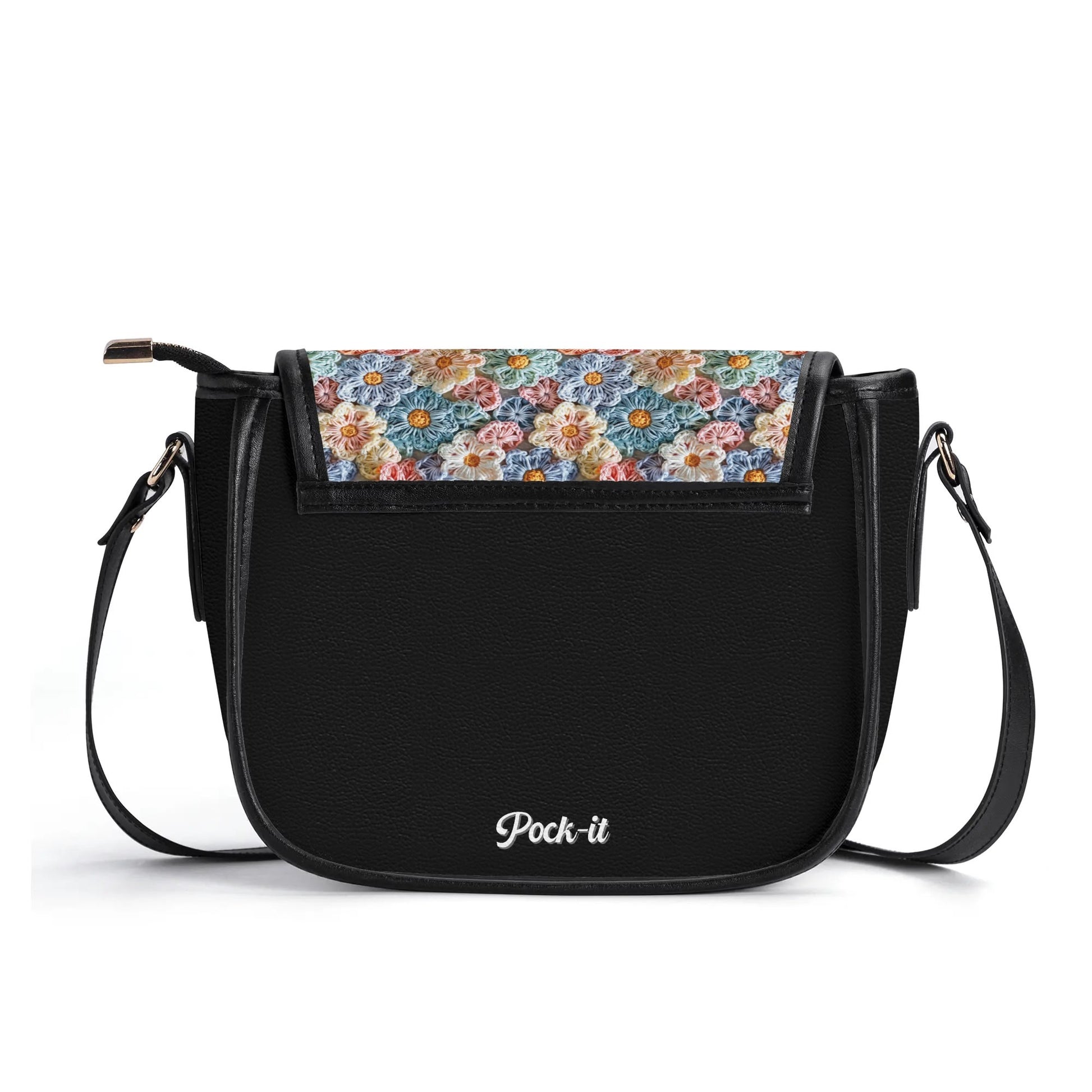 The Posy' Pock-It Saddle Handbag showcases colorful flower petals in a crochet look, with a sleek clasp and adjustable strap