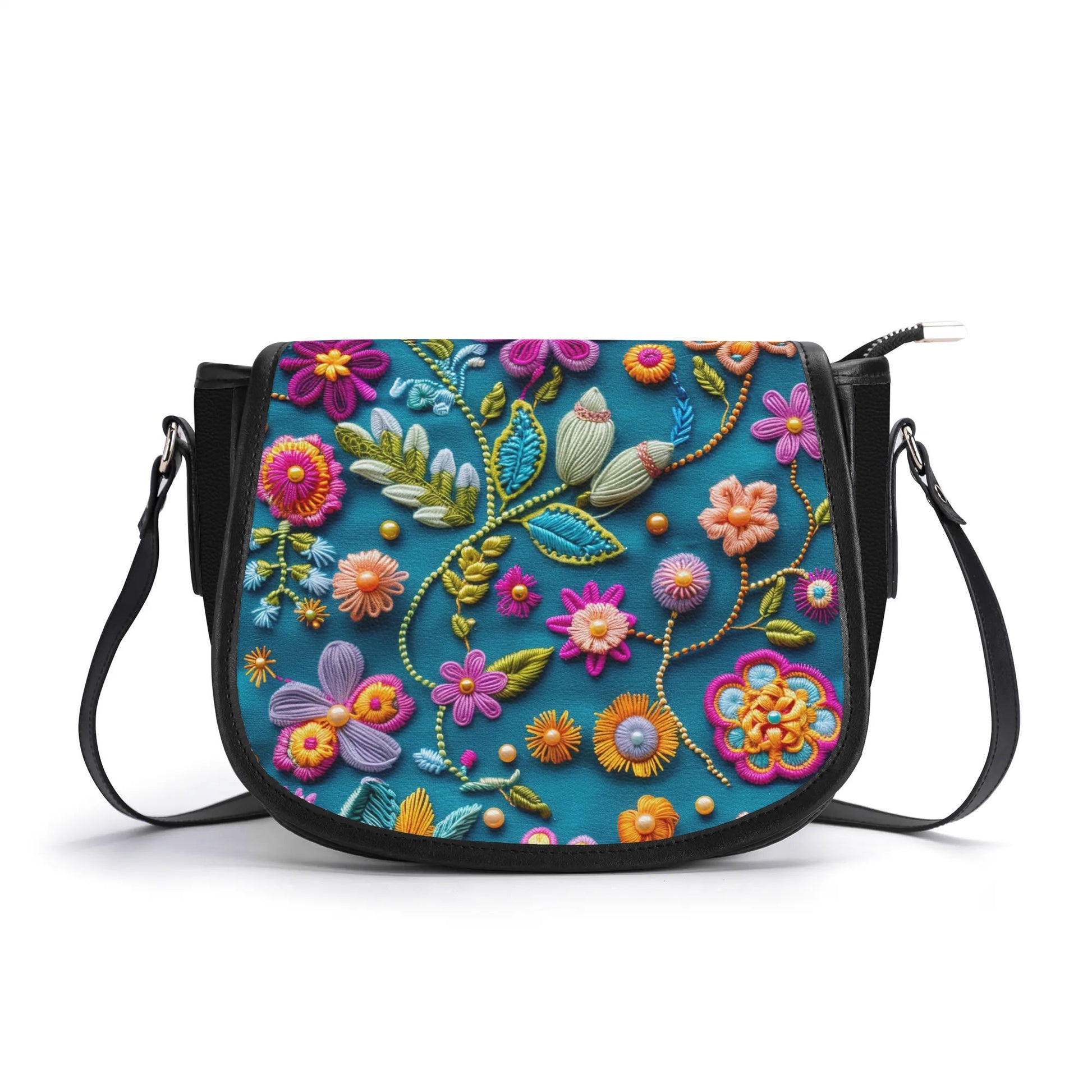 "Pock-It Saddle Handbag - Petal Pop by ShitHot features colorful flower print, secure zipper, and adjustable strap."