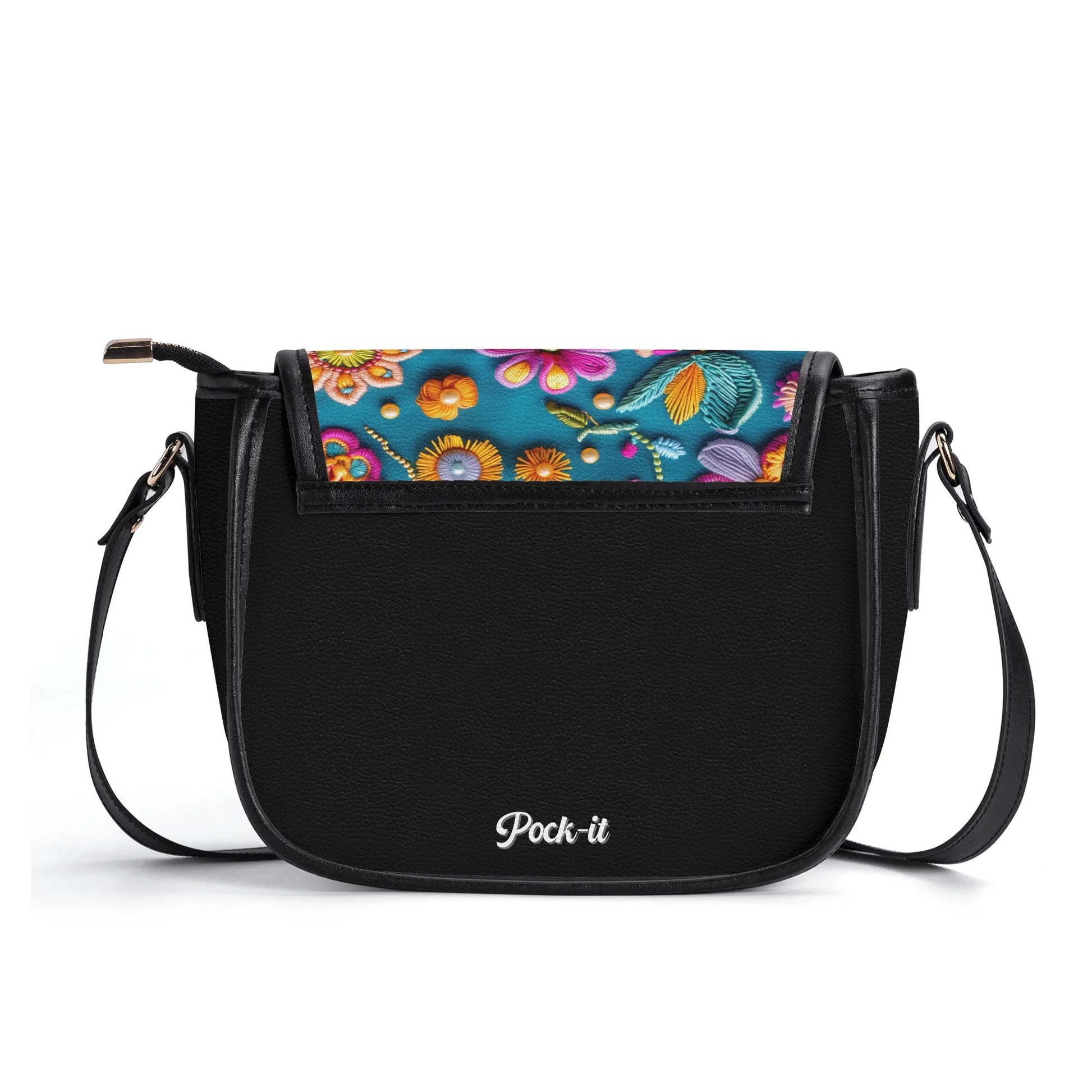 "Pock-It Saddle Handbag - Petal Pop by ShitHot features colorful flower print, secure zipper, and adjustable strap."