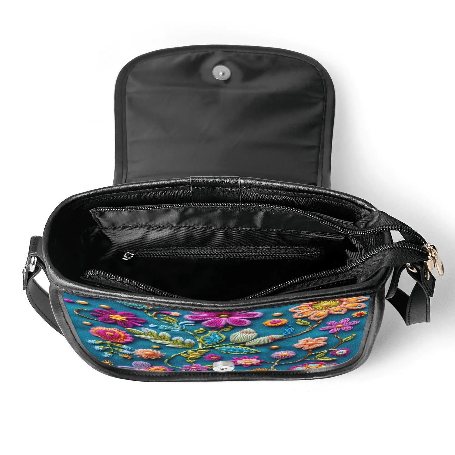 "Pock-It Saddle Handbag - Petal Pop by ShitHot features colorful flower print, secure zipper, and adjustable strap."