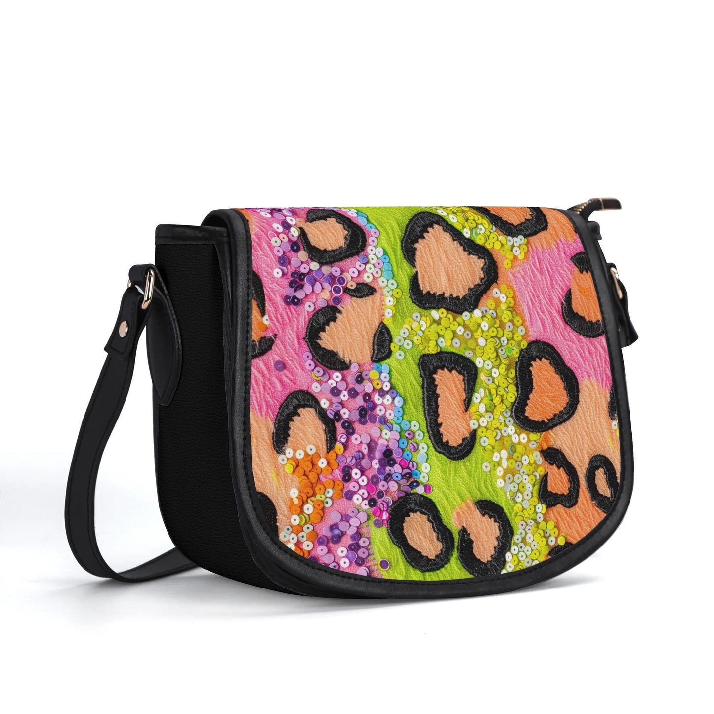 "Wild Sparkle handbag with vibrant colors and sequins, featuring secure closure and spacious interior."