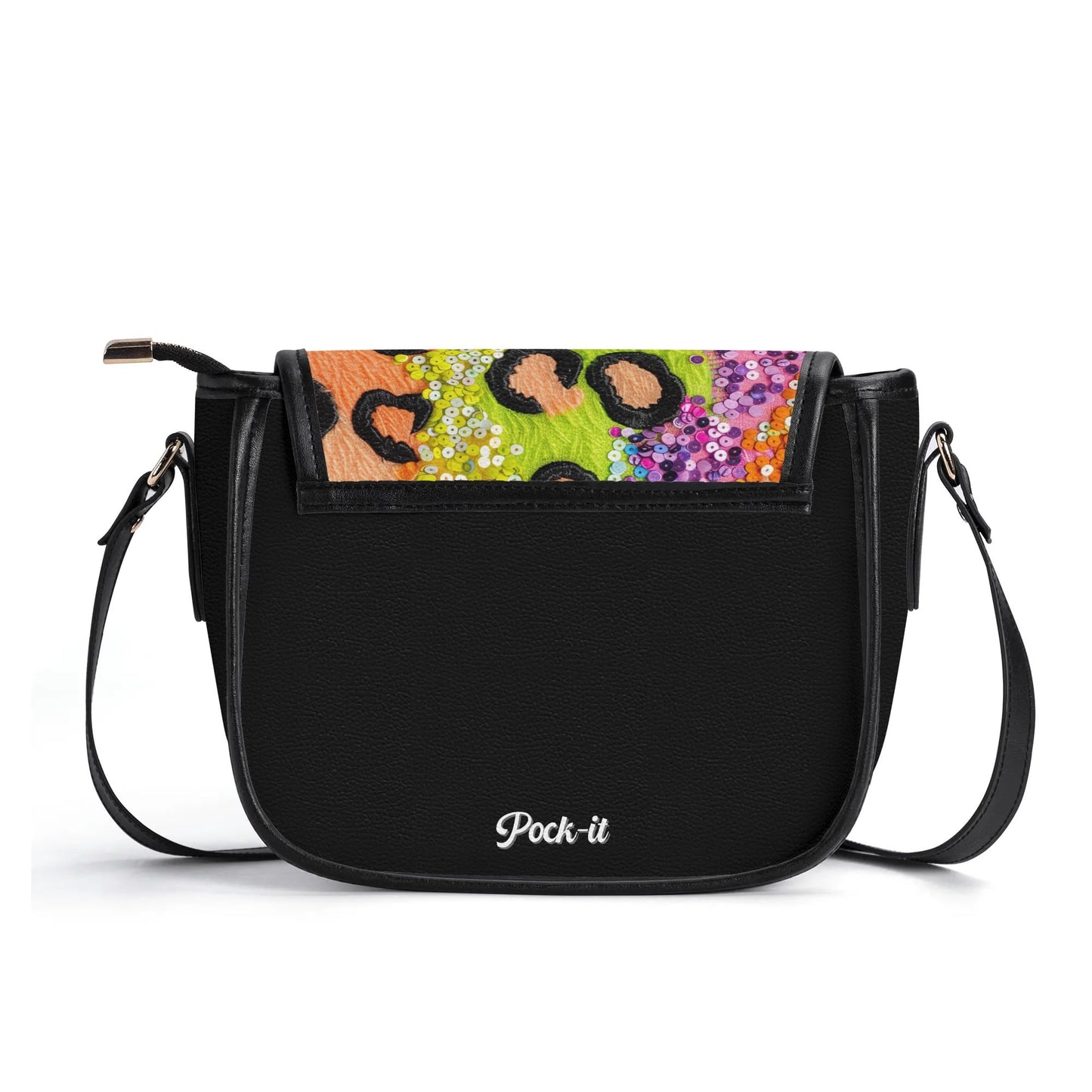 "Wild Sparkle handbag with vibrant colors and sequins, featuring secure closure and spacious interior."