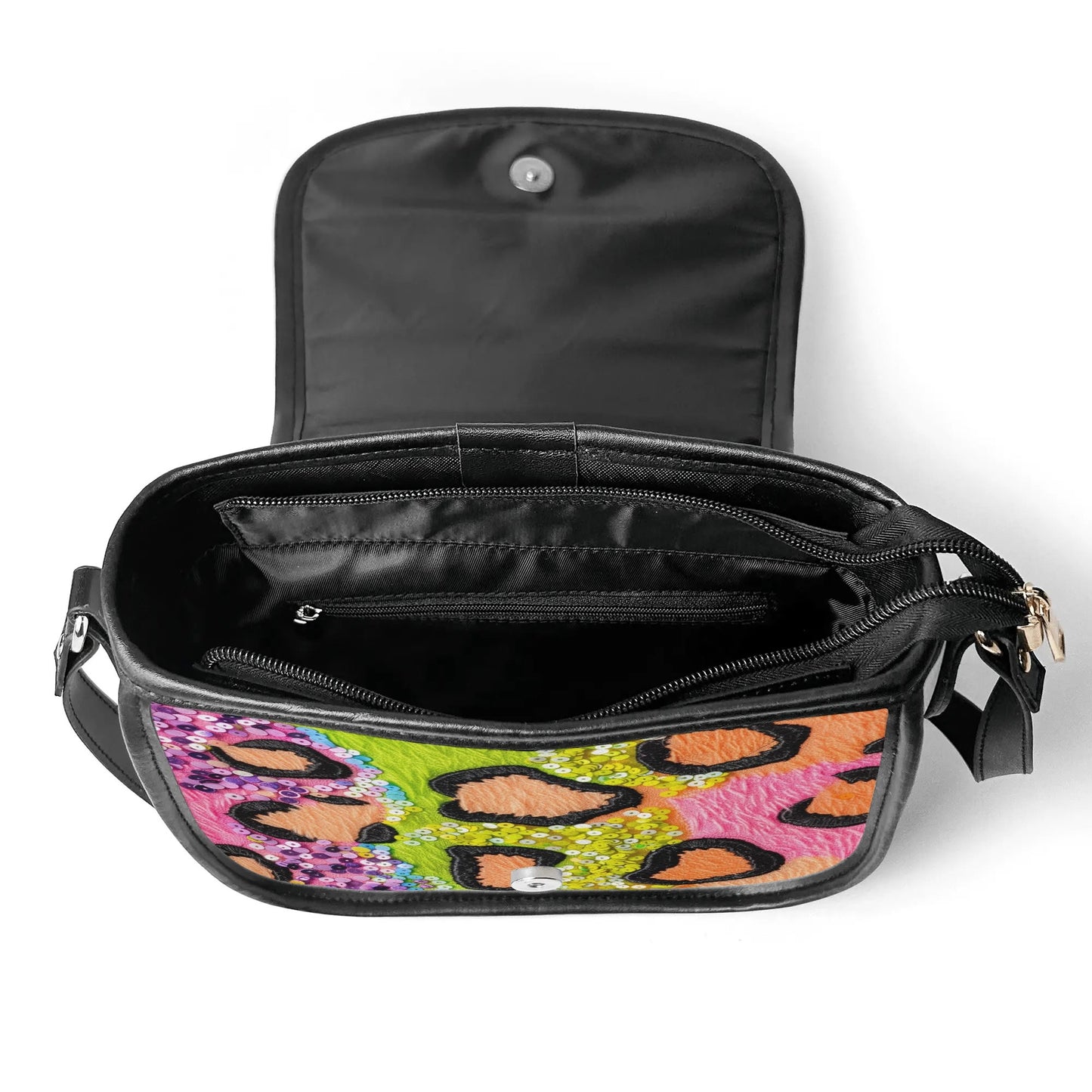 "Wild Sparkle handbag with vibrant colors and sequins, featuring secure closure and spacious interior."