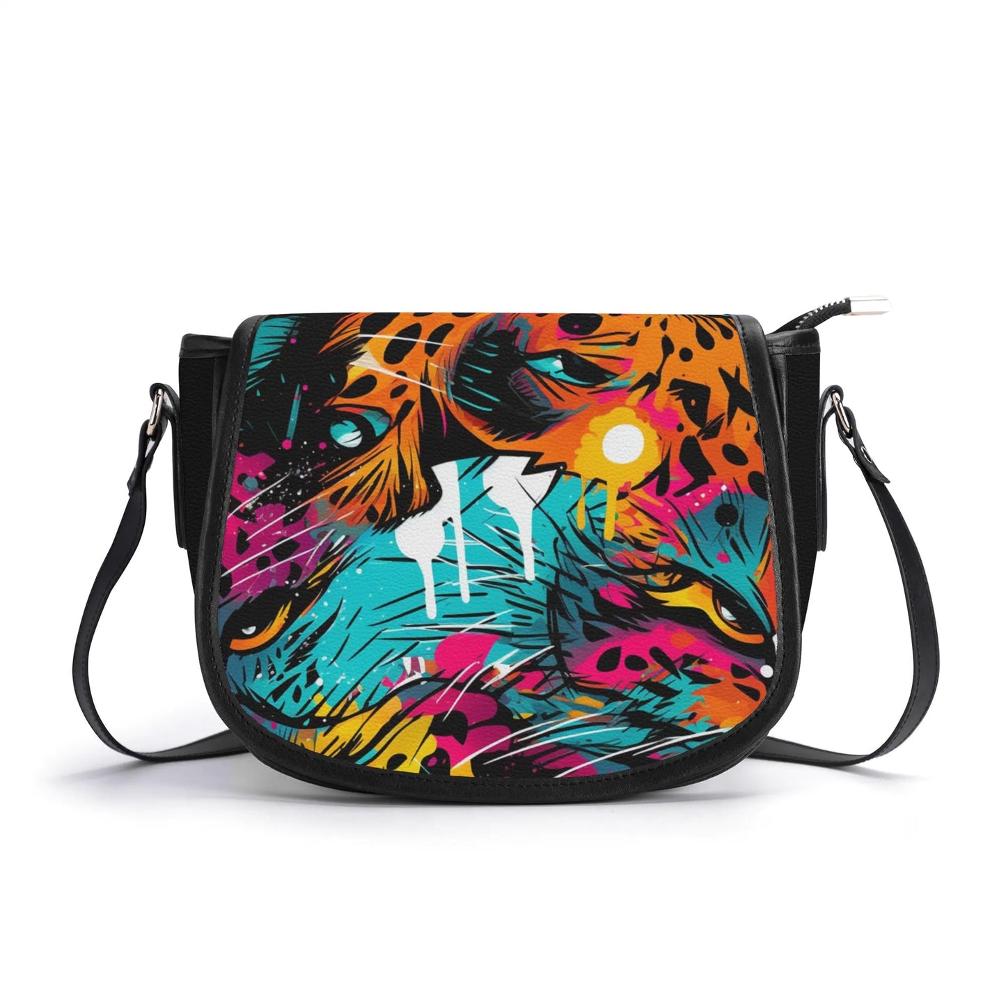 "Wild Leopard saddle handbag featuring abstract neon design with captivating eyes and secure closure."