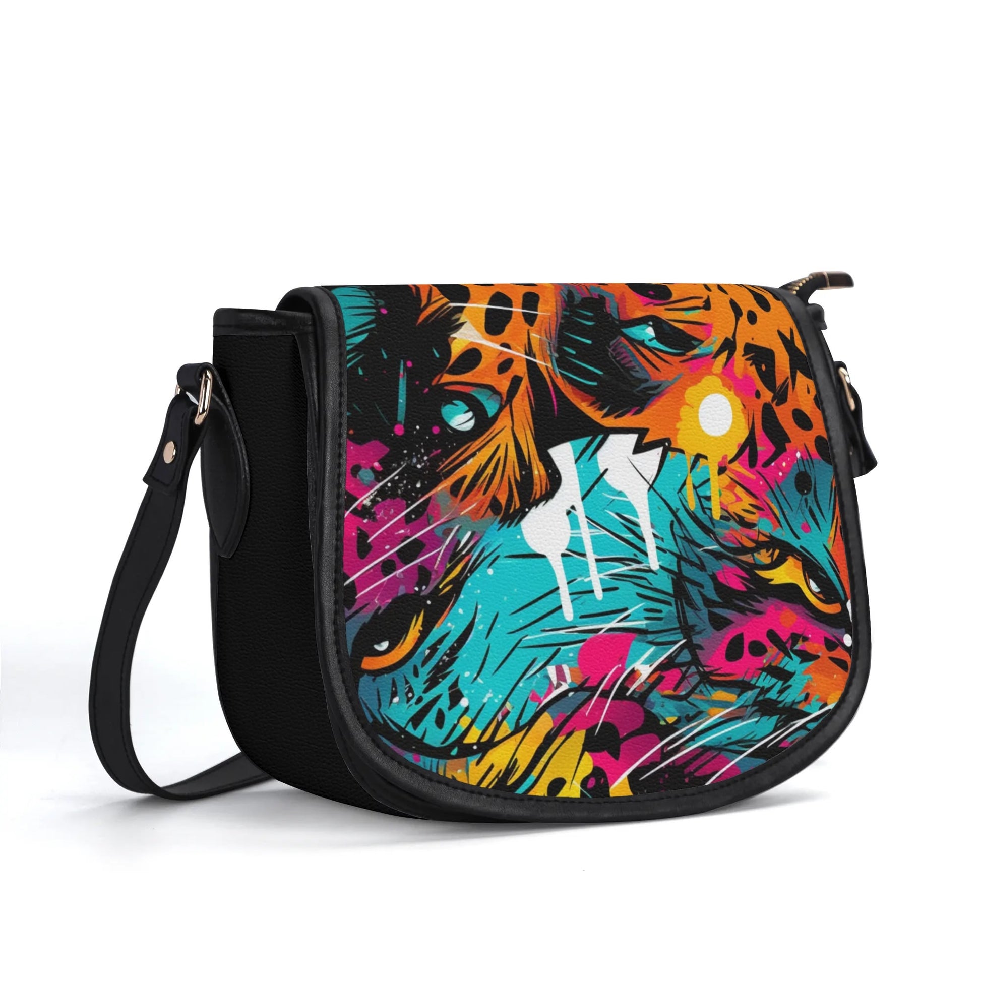 "Wild Leopard saddle handbag featuring abstract neon design with captivating eyes and secure closure."