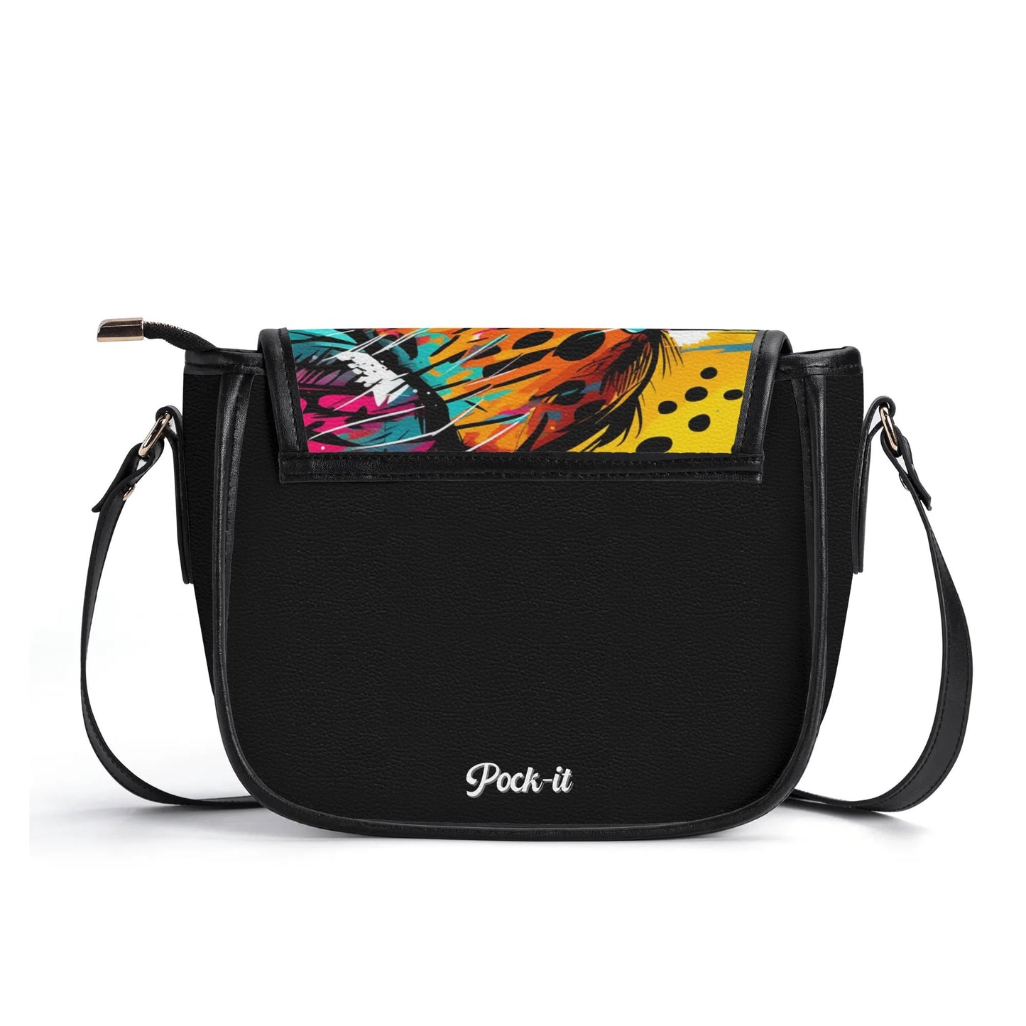 "Wild Leopard saddle handbag featuring abstract neon design with captivating eyes and secure closure."