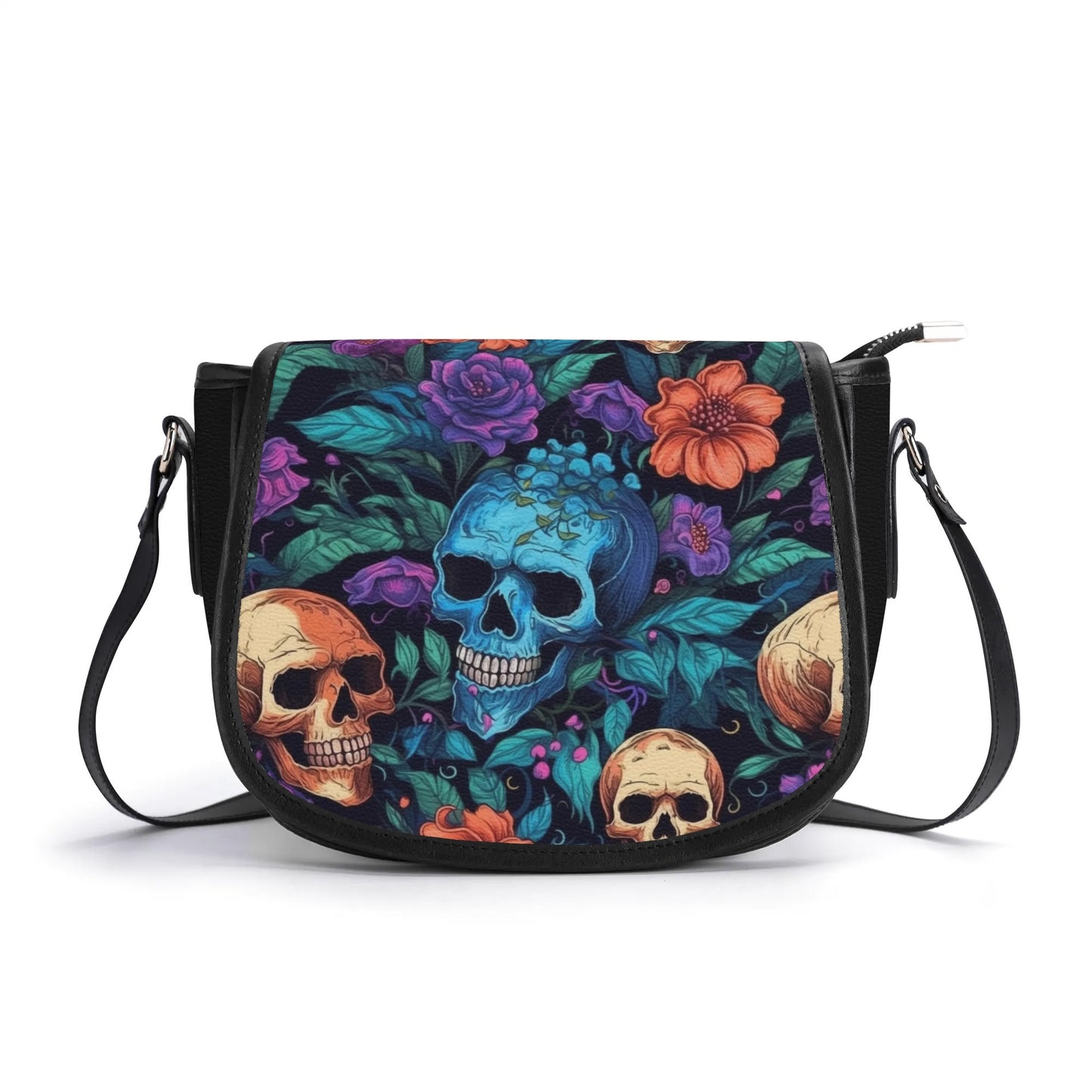 "Skull Garden saddle handbag with colorful flowers and skulls, secure closure, and ample storage space."
