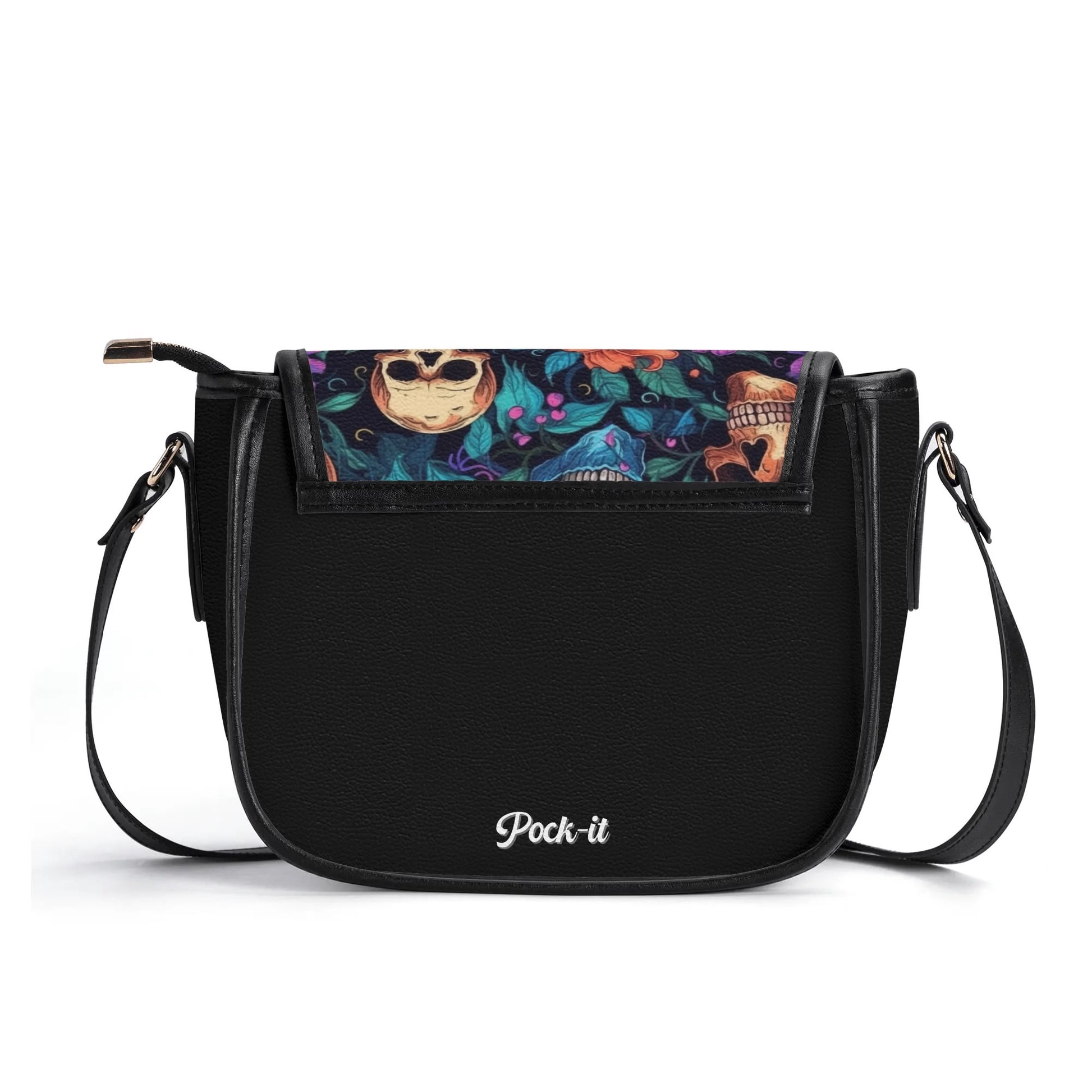 "Skull Garden saddle handbag with colorful flowers and skulls, secure closure, and ample storage space."