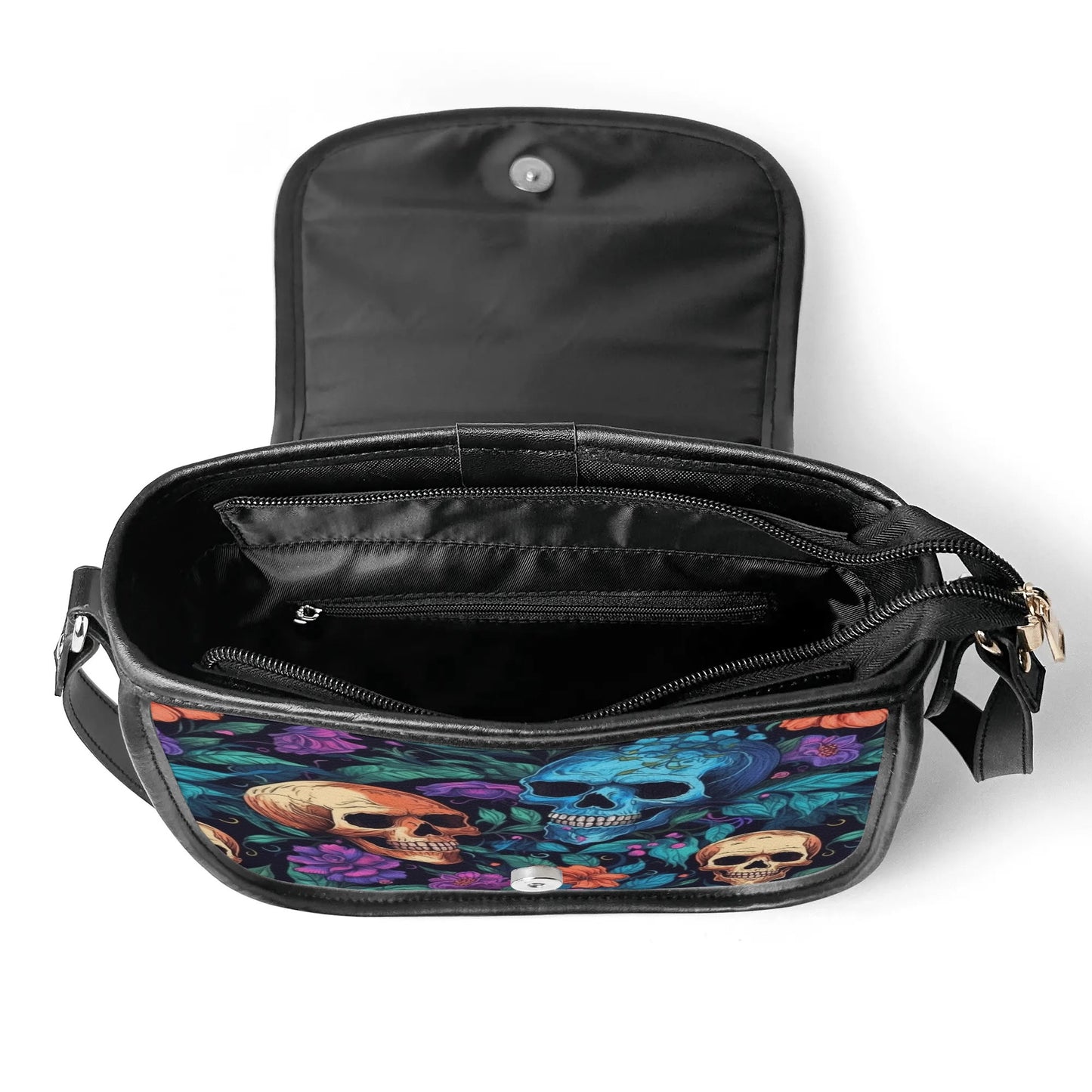 "Skull Garden saddle handbag with colorful flowers and skulls, secure closure, and ample storage space."
