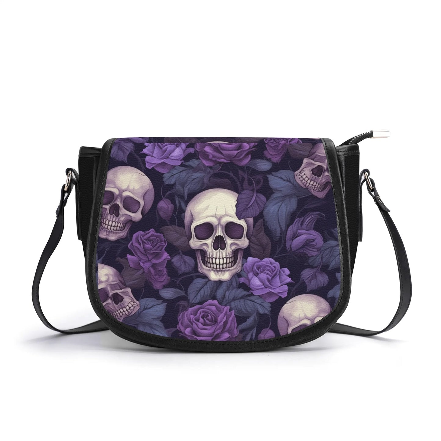 "Gothic Garden saddle handbag with skulls and purple flowers, secure closure, and adjustable strap."